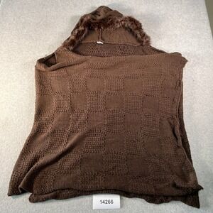 Rabbit Fur Poncho Sweater Womens 3XL Brown Textured Knit Hooded Winter Preppy
